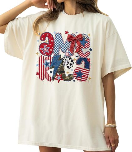 America Coquette Patchwork Design - Womens Comfort Colors - Ivory Patriotic Summer Graphic Tee in Saudi Arabia