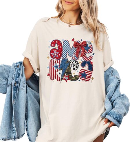 America Coquette Patchwork Design - Womens Comfort Colors - Ivory Patriotic Summer Graphic Tee in Saudi Arabia