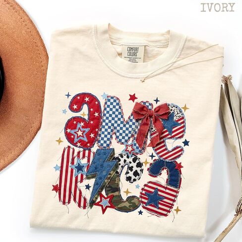 America Coquette Patchwork Design - Womens Comfort Colors - Ivory Patriotic Summer Graphic Tee in Saudi Arabia