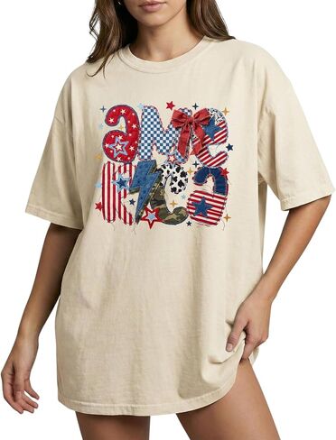 America Coquette Patchwork Design - Womens Comfort Colors - Ivory Patriotic Summer Graphic Tee in Saudi Arabia