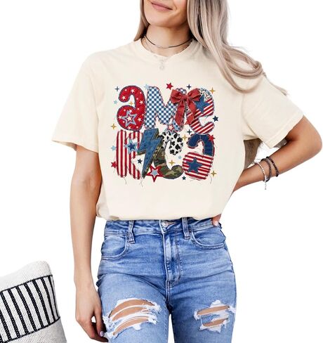 America Coquette Patchwork Design - Womens Comfort Colors - Ivory Patriotic Summer Graphic Tee in Saudi Arabia