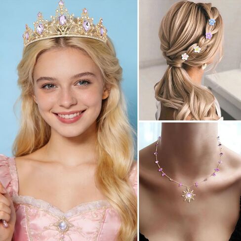 Enchanted Princess Set Floral Tiara, Sun Pendant Necklace & Flower Hair Clips for Cosplay, Themed Parties & Everyday Wear in Saudi Arabia