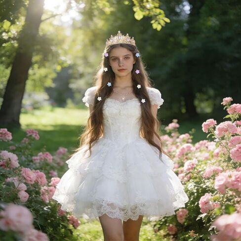 Enchanted Princess Set Floral Tiara, Sun Pendant Necklace & Flower Hair Clips for Cosplay, Themed Parties & Everyday Wear in Saudi Arabia