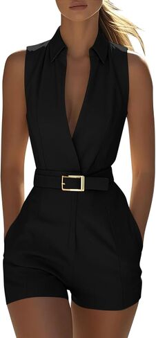 Women's Turndown Collar Rompers Summer Sleeveless Jumpsuits with Pockets & Belt Fashion Casual Office Short Onesie in Kuwait