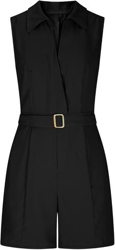 Women's Turndown Collar Rompers Summer Sleeveless Jumpsuits with Pockets & Belt Fashion Casual Office Short Onesie in Kuwait