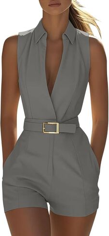 Women's Turndown Collar Rompers Summer Sleeveless Jumpsuits with Pockets & Belt Fashion Casual Office Short Onesie in Kuwait