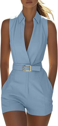 Women's Turndown Collar Rompers Summer Sleeveless Jumpsuits with Pockets & Belt Fashion Casual Office Short Onesie in Kuwait