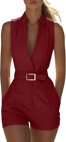 Women's Turndown Collar Rompers Summer Sleeveless Jumpsuits with Pockets & Belt Fashion Casual Office Short Onesie in Kuwait