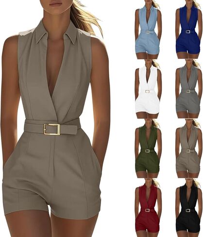 Women's Turndown Collar Rompers Summer Sleeveless Jumpsuits with Pockets & Belt Fashion Casual Office Short Onesie in Kuwait
