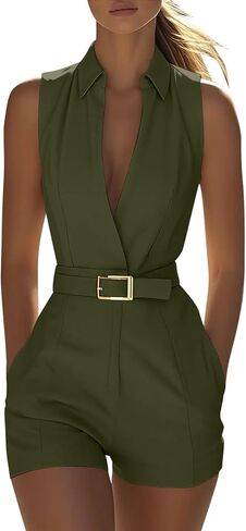 Women's Turndown Collar Rompers Summer Sleeveless Jumpsuits with Pockets & Belt Fashion Casual Office Short Onesie in Kuwait