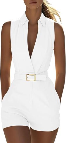 Women's Turndown Collar Rompers Summer Sleeveless Jumpsuits with Pockets & Belt Fashion Casual Office Short Onesie in Kuwait