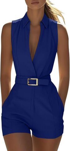 Women's Turndown Collar Rompers Summer Sleeveless Jumpsuits with Pockets & Belt Fashion Casual Office Short Onesie in Kuwait