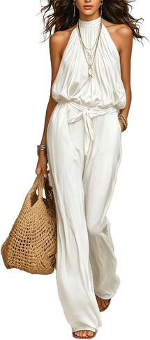 Women's Sexy Jumpsuit Sleeveless Halter Top High Waist Wide Leg Pants Casual Summer Vacation Going Out Bodysuit in Saudi Arabia