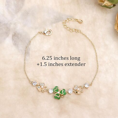 Gold Silver Green Leaf Clover Lucky Link Bracelet for Women, Handmade Adjustable Pearls CZ Crystal Shamrock Bracelets St Patricks Day Prom Wedding Jewelry Gift in Saudi Arabia
