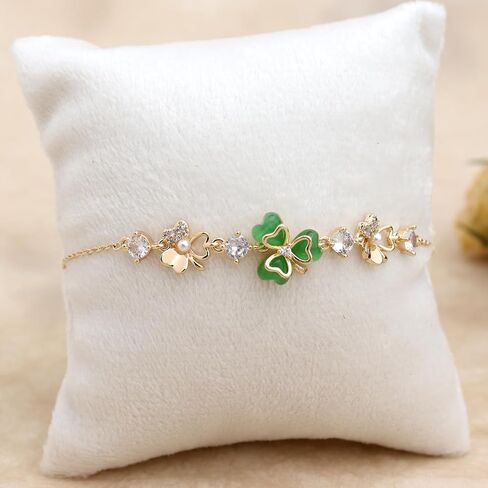 Gold Silver Green Leaf Clover Lucky Link Bracelet for Women, Handmade Adjustable Pearls CZ Crystal Shamrock Bracelets St Patricks Day Prom Wedding Jewelry Gift in Saudi Arabia