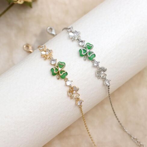Gold Silver Green Leaf Clover Lucky Link Bracelet for Women, Handmade Adjustable Pearls CZ Crystal Shamrock Bracelets St Patricks Day Prom Wedding Jewelry Gift in Saudi Arabia