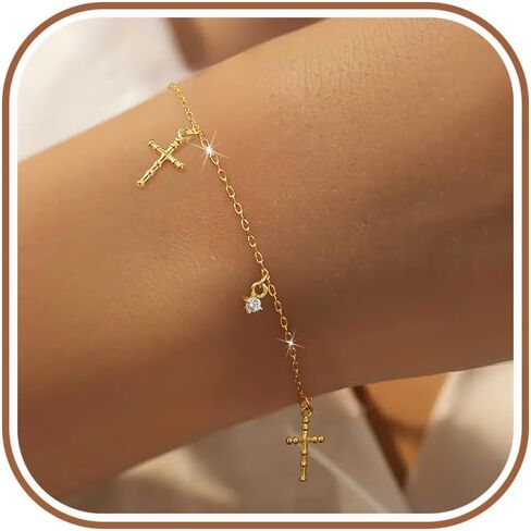 14K Gold Plated Cross Bracelet for Women Dainty 925 Sterling Silver Double Cross Cubic Zirconia Charm Link Bracelets Faith Christian Baptism Religious Jewelry Birthday Gifts to Daughter in Saudi Arabia
