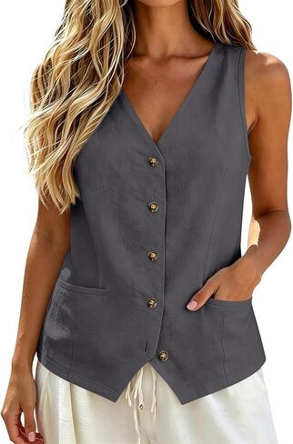 Linen Vest Top for Women Cotton Button Down Sleeveless Shirts Business 2026 Casual Tank Vest Tops with Pockets in Saudi Arabia