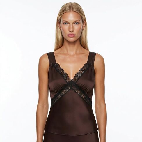 Women’s Satin Lace Trim Camisole Top, Sleeveless V Neck Fitted Cami with Lace Panel Detail in Kuwait
