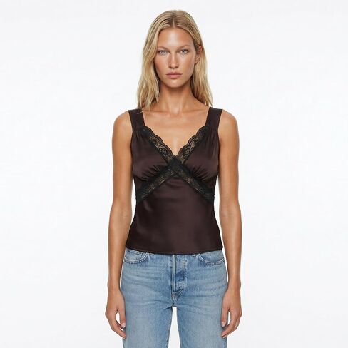 Women’s Satin Lace Trim Camisole Top, Sleeveless V Neck Fitted Cami with Lace Panel Detail in Kuwait
