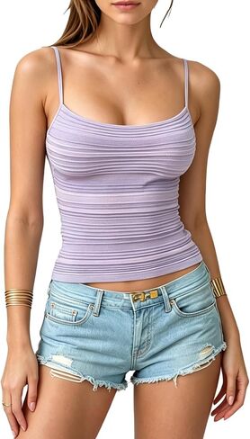 Women Striped Knit Tank Top Gradient Cami Top Summer Slim Fit Spaghetti Strap Camisole Y2k Tight Vest in Saudi Arabia