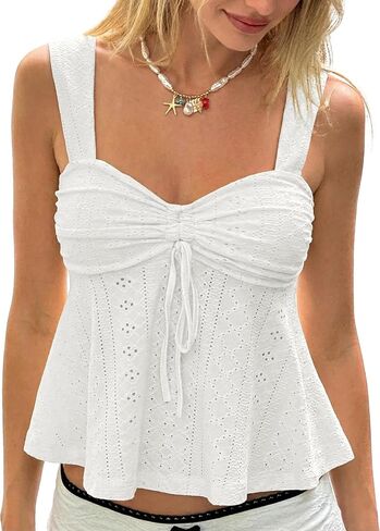 Women Y2k Aesthetic Sweetheart Neck Eyelet Crop Peplum Tank Tops Tie Front Ruched Babydoll Summer Girls Going Out in Kuwait