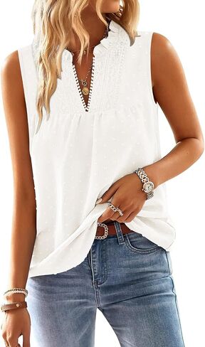 Magritta Women's Tops Sleeveless Blouses Dressy Casual Swiss Dot Smocked Shirts Spring Summer Fashion Lace Tunic Tops in Saudi Arabia