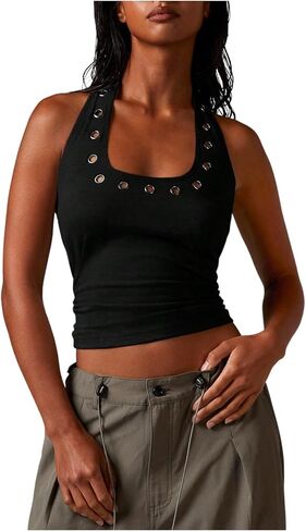 Milumia Women's Y2k Punk Grommet Eyelet Halter Crop Top Sleeveless Open Back Going Out Rave Tops in Kuwait