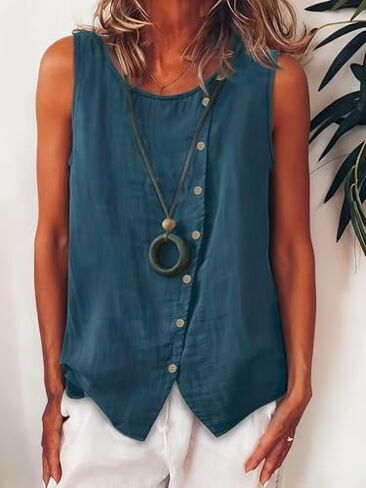 Womens Button Down Tank Tops Summer Sleeveless Vest Tops Asymmetric Hem Round Neck Casual Going Out Shirts in Kuwait
