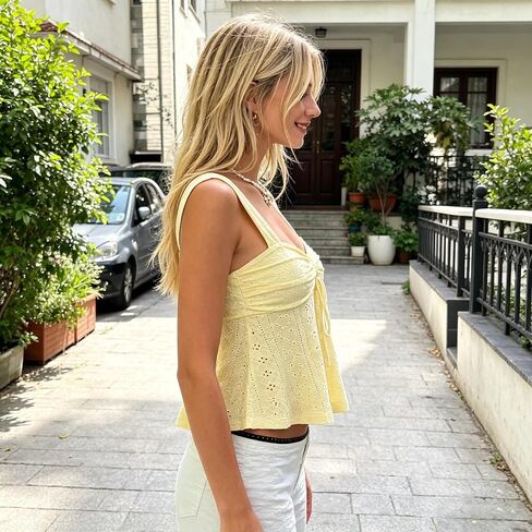 Peplum Tank Top, Wide Strap Tie Front Sleeveless Cami with Eyelet Detail, Yellow in Kuwait