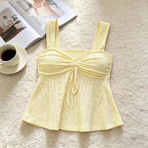 Peplum Tank Top, Wide Strap Tie Front Sleeveless Cami with Eyelet Detail, Yellow in Kuwait