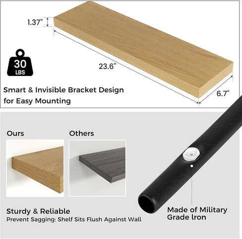 Venusmiles Floating Shelves for Wall 24 inch Long, Engineered Wood Wall Shelves with Invisible Brackets for Living Room Bedroom Bathroom Office Kitchen Decor and Storage, Oak Finish, Set of 2 in Saudi Arabia