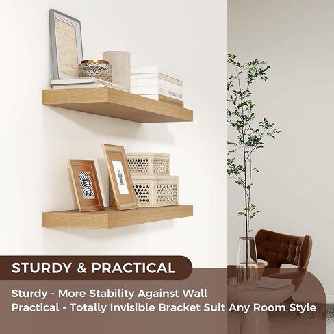 Venusmiles Floating Shelves for Wall 24 inch Long, Engineered Wood Wall Shelves with Invisible Brackets for Living Room Bedroom Bathroom Office Kitchen Decor and Storage, Oak Finish, Set of 2 in Saudi Arabia