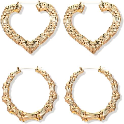 2 Pairs Gold Hoop Bamboo Earrings Set for Women 14K Gold Plated Oversized Heart & Round Chunky Earrings 90s Y2K Retro Hip Hop Fashion Jewelry Gifts in Saudi Arabia