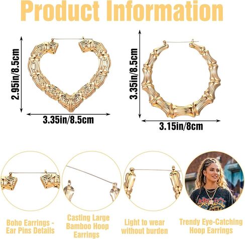 2 Pairs Gold Hoop Bamboo Earrings Set for Women 14K Gold Plated Oversized Heart & Round Chunky Earrings 90s Y2K Retro Hip Hop Fashion Jewelry Gifts in Saudi Arabia