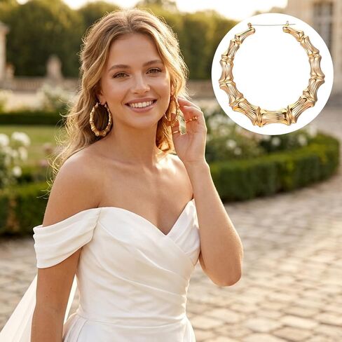 2 Pairs Gold Hoop Bamboo Earrings Set for Women 14K Gold Plated Oversized Heart & Round Chunky Earrings 90s Y2K Retro Hip Hop Fashion Jewelry Gifts in Saudi Arabia