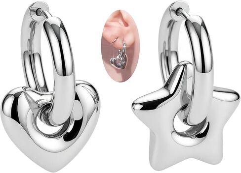 2 Pcs 316L Heart Star Dangle Hoop Earrings for Women Stainless Steel Hoops Cuff Cartilage Stud Tragus Helix Men's Geometric Punk Earring Hoops in Saudi Arabia