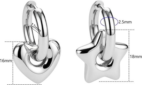 2 Pcs 316L Heart Star Dangle Hoop Earrings for Women Stainless Steel Hoops Cuff Cartilage Stud Tragus Helix Men's Geometric Punk Earring Hoops in Saudi Arabia