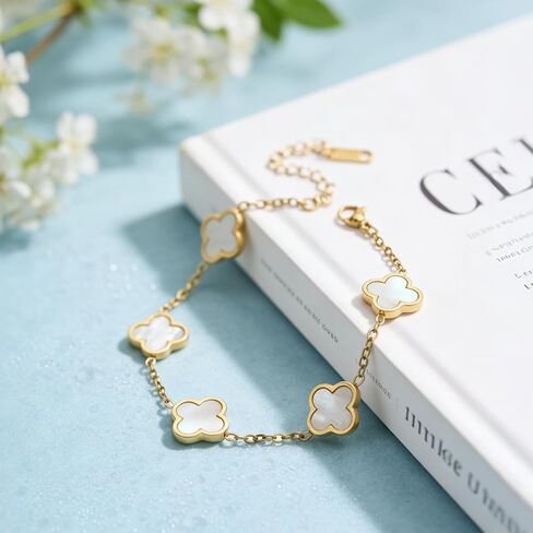 18K Gold Plated Lucky Clover Bracelet for Women – Genuine Mother of Pearl Four Leaf Clover Bracelet, Birthday Good Luck Gift for Her Wife Daughter Mom in Kuwait
