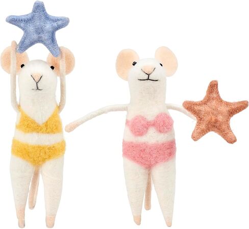 Primitives by Kathy Collectible Felt Critter Set, 4.5-inch, Starfish Mice, Set of Two Beach Themed Decorative mice in Bikinis with Starfish Details - Tiered Tray, Shelf, Tablescape Coastal Home Decor in Kuwait