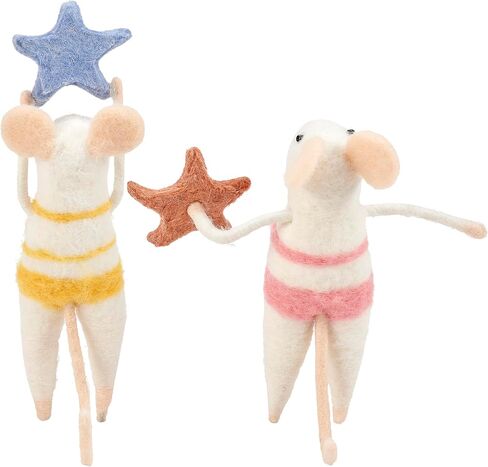 Primitives by Kathy Collectible Felt Critter Set, 4.5-inch, Starfish Mice, Set of Two Beach Themed Decorative mice in Bikinis with Starfish Details - Tiered Tray, Shelf, Tablescape Coastal Home Decor in Kuwait