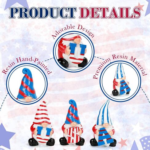4th of July Decorations Patriotic Gnome Figurines, Set of 3 Resin Gnome Statues, Red White and Blue Memorial Day Decor for Home Office Outdoor Garden Tiered Tray Shelf Mantel Desk Tabletop Centerpiece in Saudi Arabia