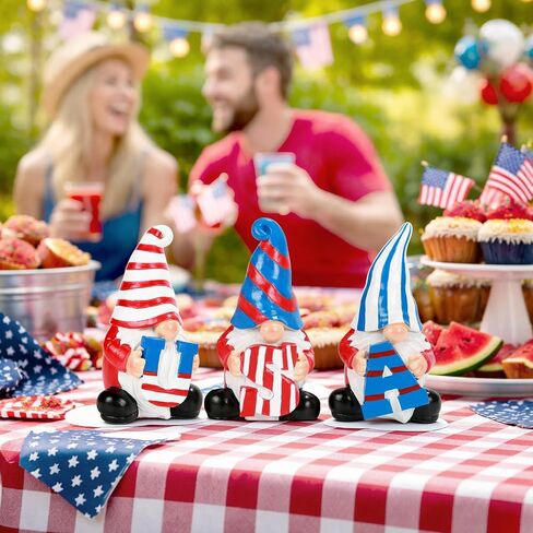 4th of July Decorations Patriotic Gnome Figurines, Set of 3 Resin Gnome Statues, Red White and Blue Memorial Day Decor for Home Office Outdoor Garden Tiered Tray Shelf Mantel Desk Tabletop Centerpiece in Saudi Arabia