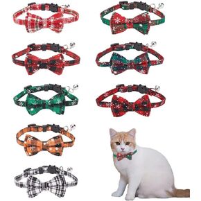 WEBEEDY 8 Pieces Christmas Cat Collars Breakaway with Bow Tie and Bell, Adjustable Kitten Collar Classic Plaid Pattern Holiday Collar for Boys Girls Cat, 18-28cm/7-11 in Saudi Arabia