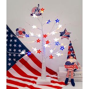 BOHON 4th of July Decorations 25'' Light up Birch Tree with 24pcs Red White Blue Star Lights, 48 LEDs Tree Light with Timer USB and Battery Operated for Memorial Day Patriotic Fourth of July Decor