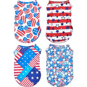PET SHOW 4 Pack 4th of July Small Dog Clothes Patriotic Stripes Stars Dog Shirts American Flag Outfits for Independence Day Holiday Party Small Medium Pets Puppies Cats Boys Girls Tank Top S