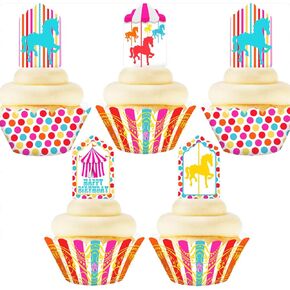 Carousel Circus Cupcake Toppers and Wrappers - 24 Cupcake Toppers and 24 Cupcake Wrappers - Carousel Party Supplies - Carousel Party Decorations - Circus Party Supplies - Multi Cupcake