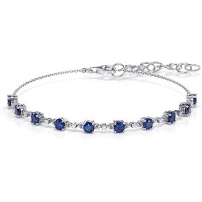 Genuine 10K White Gold Gemstone and Natural Diamond Bracelet with Lobster Clasp | Elegant 3.50mm Round Gemstone Bracelet | for Women and Girls | Chain Bracelet | 7" Bracelet w/ Extender | Blue Sapphire | Ruby | Emerald | Natural Diamond Bracelet