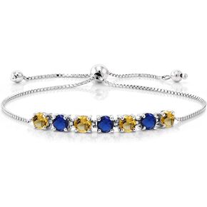 Gem Stone King 925 Sterling Silver Yellow Citrine and Blue Created Sapphire Tennis Bracelet For Women (2.33 Cttw, Round 4.5MM, Gemstone Birthstone, Fully Adjustable Up to 9 Inch)