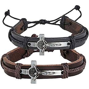 Christian Brands St Benedict Medal Crucifix Leather Bracelet, Set of 2